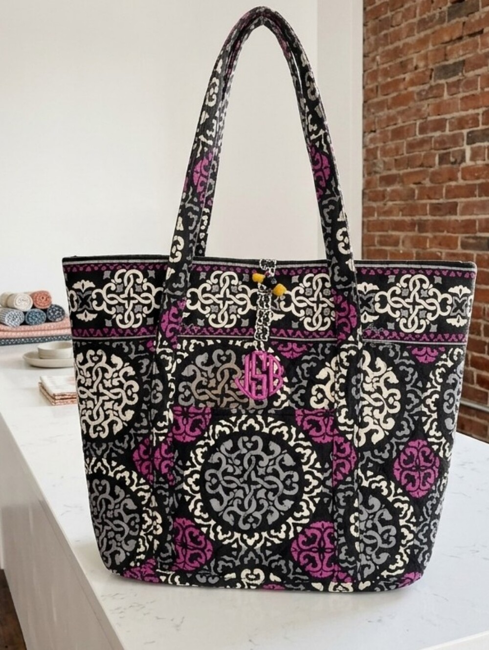 Vera Bradley Black White Gray & Purple Quilted Tote with Monogram Charm